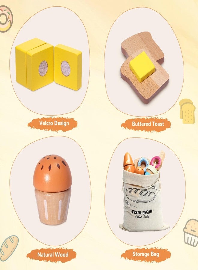 Inslat Wooden Bakery Playset Food Toys, Kids Pretend Play Food Baking Set Kitchen Accessories with Storage Bag, Pretend Play Bread Cutting Food for Boys Girls 3+ - Image 4